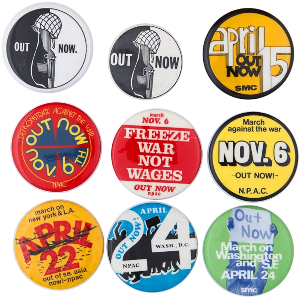 NINE VIETNAM WAR PROTEST BUTTONS FROM 1960s AND EARLY 70s.