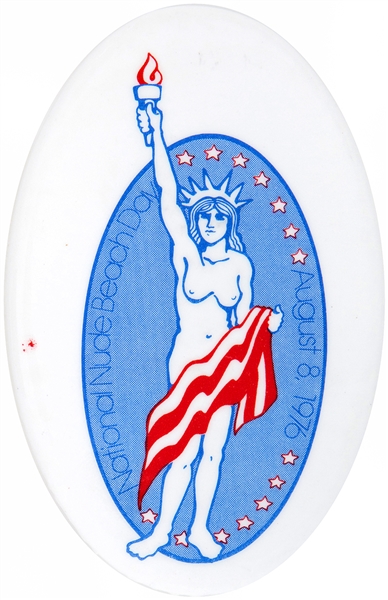 “NATIONAL NUDE BEACH DAY / AUGUST 8, 1976” OVAL BUTTON.