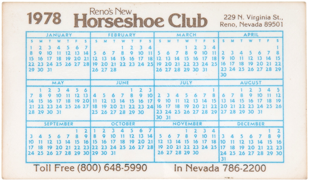 “RENO’S NEW HORSEHOE CLUB” 1978 CALENDAR CARD.