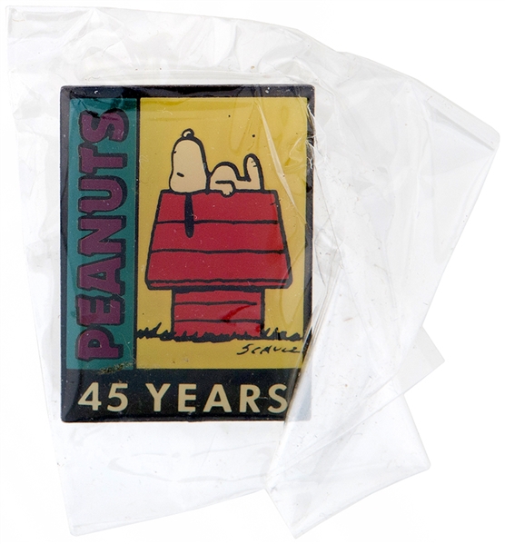  “PEANUTS 45 YEARS” ANNIVERSARY ACRYLIC ON PLASTIC IN ORIGINAL CELLOPHANE BAG.