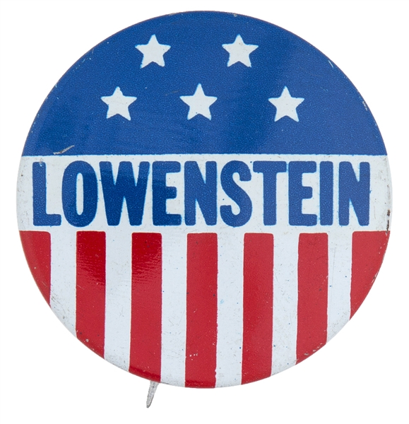 ALLARD LOWENSTEIN ANTI-WAR CONGRESSIONAL BUTTON FROM 1968 WITH STARS AND STRIPES. 