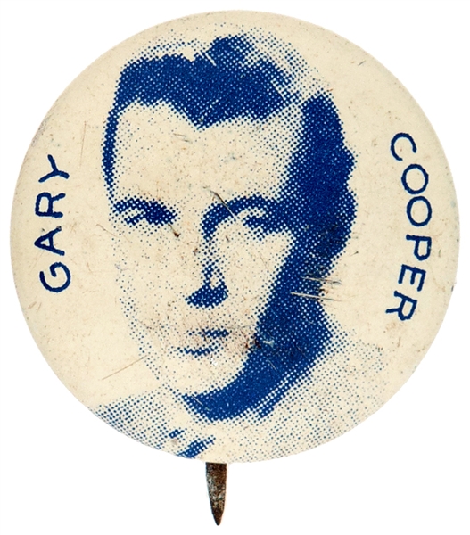 GARY COOPER LITHO BUTTON FROM 1930s MOVIE SET.
