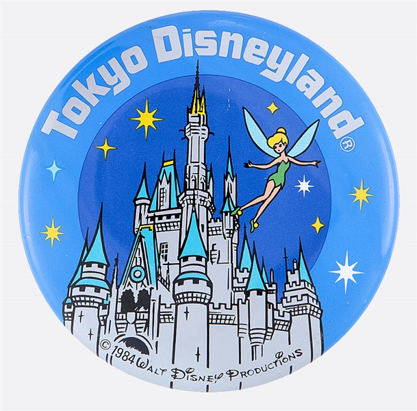 TOKYO DISNEYLAND WITH TINKERBELL AND CINDERELLA’S CASTLE OFFICIAL DISNEY LITHO BUTTON.