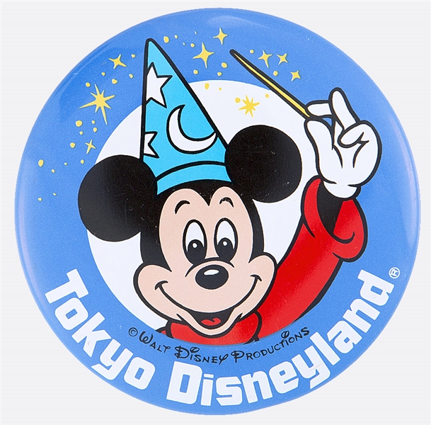 TOKYO DISNEYLAND WITH MICKEY MOUSE AS SORCERER OFFICIAL DISNEY LITHO BUTTON.