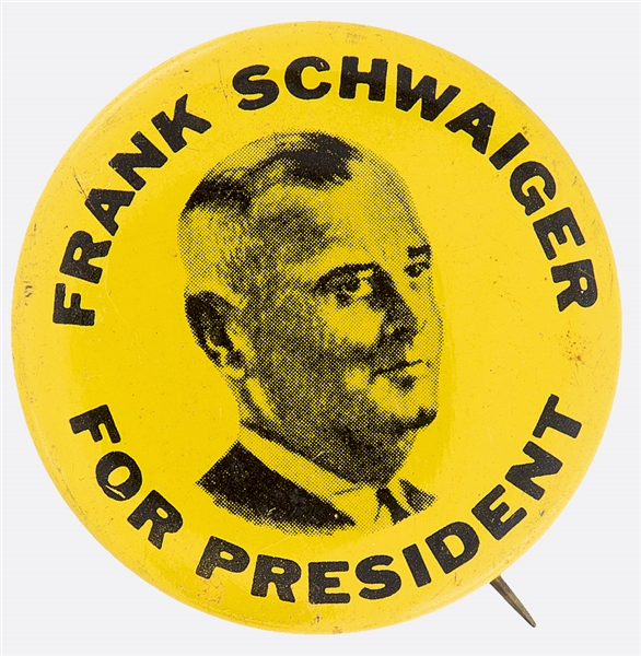 FRANK SCHWAIGER FOR PRESIDENT SPOOF FOR BUDWEISER BREWMASTER LITHO BUTTON.