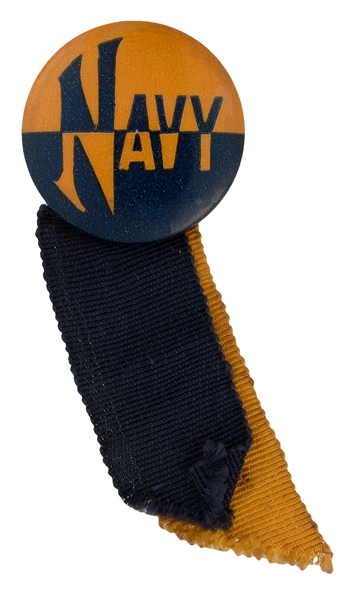 NAVY CIRCA 1930s FOR FOOTBALL GAME BUTTON WITH TWO RIBBONS.               