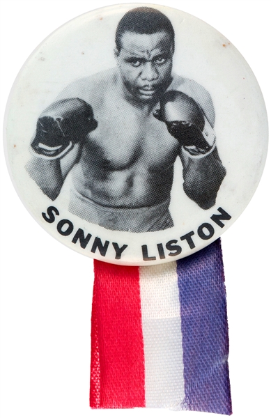 SONNY LISTON FIGHT BUTTON FROM 1964 MATCH WITH CASSIUS CLAY LATER KNOWN AS MUHAMMED ALI.