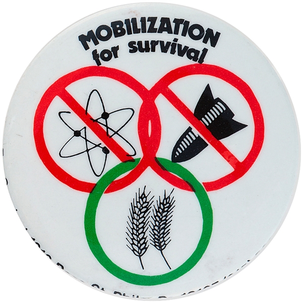 “MOBILIZATION FOR SURVIVAL” LEVIN MASTER 1978 BUTTON.