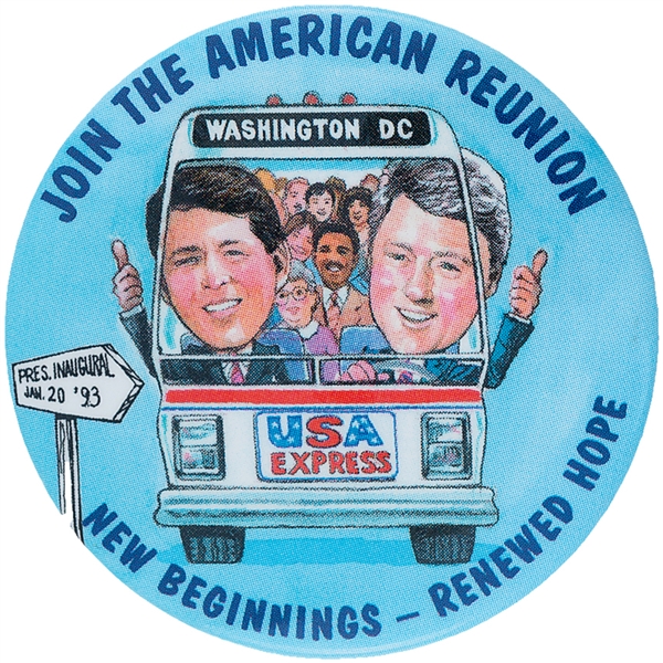 CLINTON / GORE “NEW BEGINNNGS / RENEWED HOPE” 1993 ILLUSTRATED BUS INAUGURATION JUGATE BUTTON.