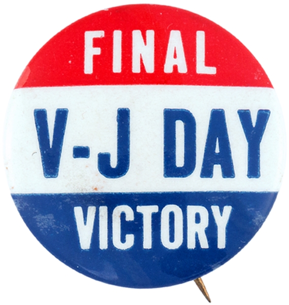 VICTORY OVER JAPAN “V-J” WORLD WAR II HOMEFRONT BUTTON.
