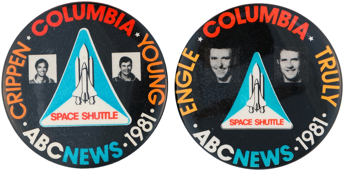 “SPACE SHUTTLE / ABC NEWS 1981” FIRST TWO FLIGHTS OF COLUMBIA SPACE SHUTTLE BUTTON PAIR. 